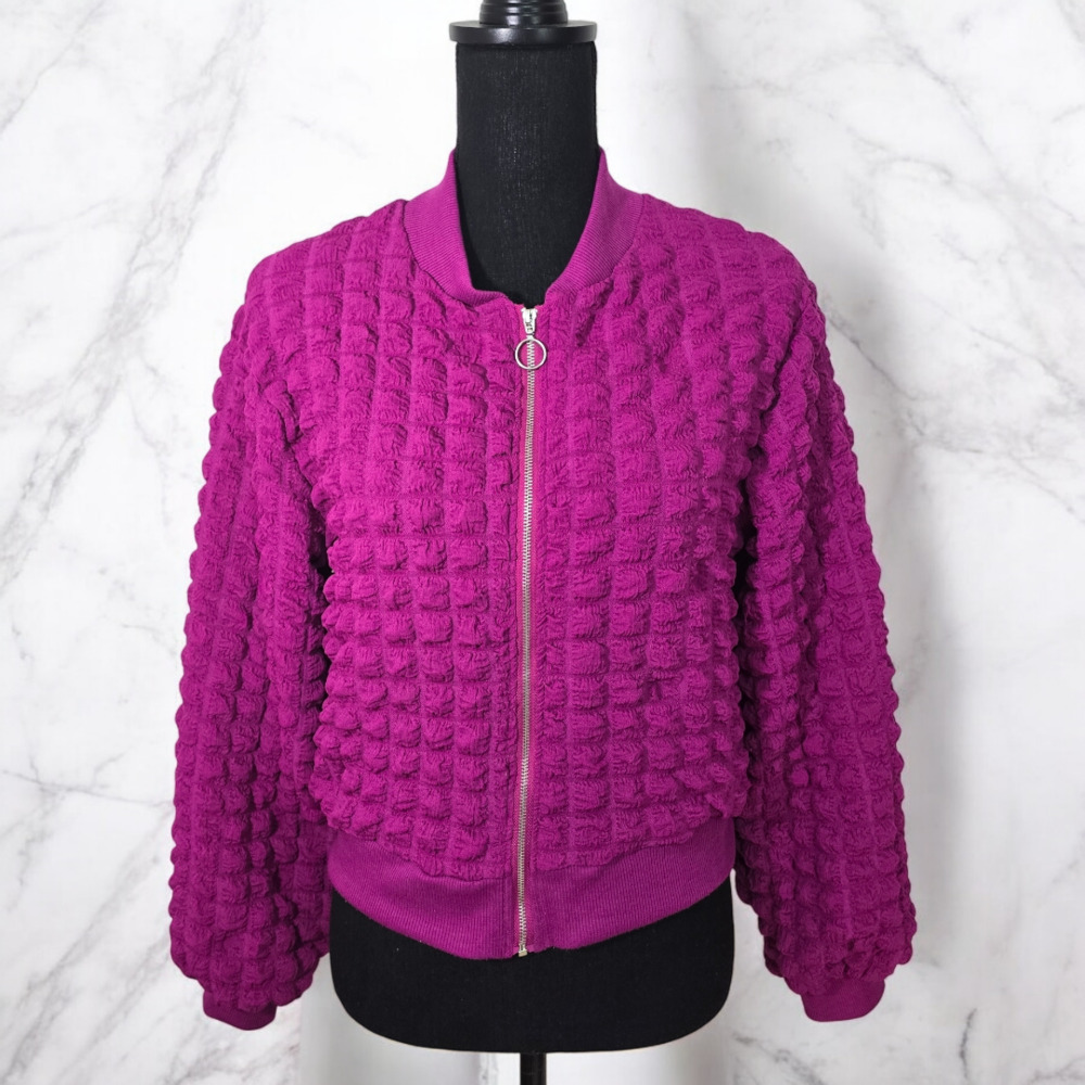 🍁Jolie Magenta Textured Bomber Jacket
